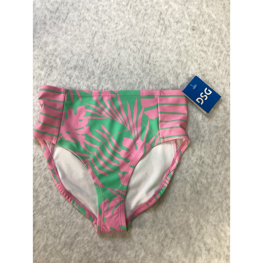 DSG Girls High Waisted Bikini Bottom Panama Palms Pink Green Large NWT‎